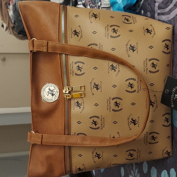 Beverly Hills Polo Club Tan Signature Monogram Faux Leather Tote Bag - Picture 3 of 14